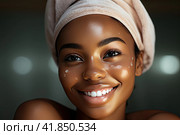 A young and very beautiful African girl with a green cosmetology mask on her face looks away with a smile and blissfully smiles. Стоковое AI-изображение, AI-художник Ярославский Максим / Фотобанк Лори