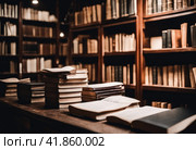 Education learning concept with opening book or textbook in old library, stack piles of literature text academic archive on reading desk and aisle of bookshelves in school study class room background. AI. Стоковое AI-изображение, AI-художник Sergey Grishin / Фотобанк Лори