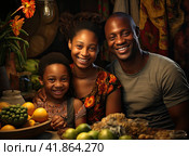 A young African family with a child are sitting at the dining table and smiling. Generated by AI. Стоковое AI-изображение, AI-художник Ярославский Максим / Фотобанк Лори