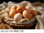 Chicken eggs on burlap, rustic still life  Generative AI. Стоковое AI-изображение, AI-художник Анна Кривицкая / Фотобанк Лори