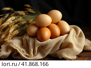 Chicken eggs on burlap, rustic still life  Generative AI. Стоковое AI-изображение, AI-художник Анна Кривицкая / Фотобанк Лори