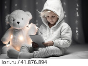 Children with gadgets, Alpha generation, Digital Aborigines - people born after the digital revolution and accustomed to gadgets from an early age. Стоковое AI-изображение, AI-художник Ирина Ручушкина / Фотобанк Лори
