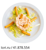Crab salad with pink sauce served with lettuce, breadsticks and olives. Стоковое фото, фотограф Яков Филимонов / Фотобанк Лори