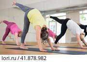 Group of mature woman making yoga meditation in ardha chandrasana pose. Стоковое фото, фотограф Яков Филимонов / Фотобанк Лори