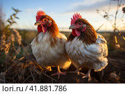 Hens in hen house sitting on perchGenerative AI. Стоковое AI-изображение, AI-художник Анна Кривицкая / Фотобанк Лори