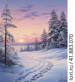 Winter landscape after sunset, pine trees covered with snow,  Generative AI. Стоковое AI-изображение, AI-художник Анна Кривицкая / Фотобанк Лори