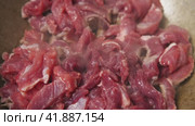 Close-up frying pieces of red meat in a cauldron. Roasting beef fillets in a wok. Steam is passing through the pieces of meat. Selective focus. Стоковое видео, видеограф Воловодов Владимир / Фотобанк Лори