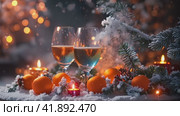 New Year background with tangerines and champagne. AI. Стоковое AI-видео, аниматор Виктория Кольцова / Фотобанк Лори