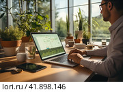 Side view focused young businessman looking at computer monitor, analyzing project statistics, marketing research results or statistics data, developing marketing strategy, working at home office. Стоковое AI-изображение, AI-художник Ирина Михайличенко / Фотобанк Лори