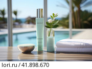 Tubes and jars of skin care and tanning products are located near the pool. The concept of skin care. Generated by AI. Стоковое AI-изображение, AI-художник Ярославский Максим / Фотобанк Лори