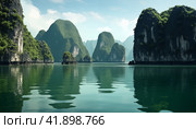 Beautiful landscape of tropical coast with karst limestone islets and cliffs. Стоковое AI-изображение, AI-художник Евгений Харитонов / Фотобанк Лори