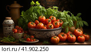 Juicy tomatoes nestled among lush green basil leaves.Generative AI. Стоковое AI-изображение, AI-художник Анна Кривицкая / Фотобанк Лори