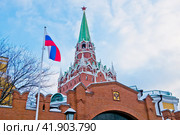 Троицкая башня Московского Кремля. Вид со стороны Александровского сада в зимний день. Москва (2023 год). Редакционное фото, фотограф E. O. / Фотобанк Лори