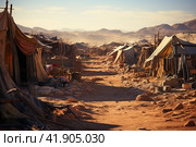 Refugee crisis concept: Vast refugee camp in desert with makeshift tents, a barren desert landscape, feeling of desperation and displacement. Стоковое AI-изображение, AI-художник Ирина Михайличенко / Фотобанк Лори