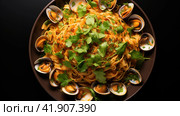 Spaghetti alle vongole with tomato in seafood jus served as close-up at a Nordic design bowl with copy space. Стоковое AI-изображение, AI-художник Ирина Ручушкина / Фотобанк Лори