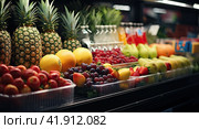 Fresh ripe fruits on the refrigerated storefront. The concept of fruit freshness. Стоковое AI-изображение, AI-художник Ярославский Максим / Фотобанк Лори