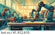Illustration of industrial robots working. Стоковое AI-изображение, AI-художник Кирилл Черезов / Фотобанк Лори
