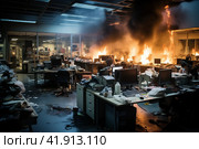 Inferno Unleashed. Devastating Office Fire with Intense Flames and Thick Plumes of Smoke. Стоковое AI-изображение, AI-художник Светлана Акифьева / Фотобанк Лори