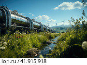 Hydrogen pipe with gauge on a background of H2 factory using renewable energy. Green hydrogen production concept. Стоковое AI-изображение, AI-художник Ирина Михайличенко / Фотобанк Лори