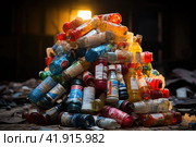 Garbage dump made of plastic bottles. Significant pile of domestic waste emphasizing the pressing environmental issue of overconsumption and subsequent waste generation. Стоковое AI-изображение, AI-художник Ирина Михайличенко / Фотобанк Лори
