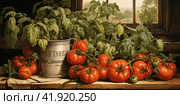 Juicy tomatoes nestled among lush green basil leaves.Generative AI. Стоковое AI-изображение, AI-художник Анна Кривицкая / Фотобанк Лори