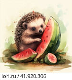 A drawing of a cute hedgehog eating a slice of watermelon,Generative AI. Стоковое AI-изображение, AI-художник Анна Кривицкая / Фотобанк Лори