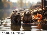 Beavers working on building a dam with found wood on a lake, collect branches near the river, float. Rodentia semiaquatic mammals. Brown short-haired wild animal with large flat tail. Стоковое AI-изображение, AI-художник Ирина Михайличенко / Фотобанк Лори