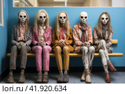 Skeletons sitting in a waiting room. Hospital, clinic, dental office. Waiting kills. Стоковое AI-изображение, AI-художник Ирина Михайличенко / Фотобанк Лори