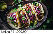 Row of Mexican street Tacos on slate with carne asada and al pastor in corn tortilla. Стоковое AI-изображение, AI-художник Ирина Ручушкина / Фотобанк Лори