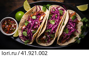 Row of Mexican street Tacos on slate with carne asada and al pastor in corn tortilla. Стоковое AI-изображение, AI-художник Ирина Ручушкина / Фотобанк Лори