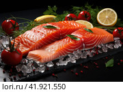Food banner with fresh sea fish, raw salmon fillet on a black stone background with copy space. Large piece of red fish before cooking with ice cubes. Fish sale. Top view. Стоковое AI-изображение, AI-художник Ирина Михайличенко / Фотобанк Лори