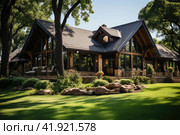 Horizontal photo of wooden house in green forest. Pros and cons of wooden house and suburban real estate concept. Стоковое AI-изображение, AI-художник Ирина Михайличенко / Фотобанк Лори