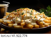 Close up French fries bakes with cheese, serve hot, final touch by litter bit of chili powder and coriander leaf. Стоковое AI-изображение, AI-художник Ирина Михайличенко / Фотобанк Лори