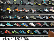 On black wooden wall of showcase - there are samples of models of hiking and climbing shoes (2023 год). Редакционное фото, фотограф Яков Филимонов / Фотобанк Лори