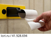 Мужская рука в туалетной комнате вытягивает с рулона последний листок белок туалетной бумаги, приклеенной к картонной втулке. Стоковое фото, фотограф Sergei Gorin / Фотобанк Лори