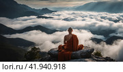 Buddhist monk master is meditating at the top of the cliff at dusk for the new year. Buddhist monk sitting in nirvana on top of mountain above clouds early morning. AI. Стоковое AI-изображение, AI-художник Sergey Grishin / Фотобанк Лори