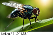 Close up view of a green fly with a blurry background. Green flies are the source of disease. Transmitting pathogens through saliva when they land on food. AI. Стоковое AI-изображение, AI-художник Sergey Grishin / Фотобанк Лори