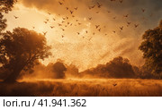 Migratory locust swarm. Locusta migratoria. Acrididae. Oedipodinae. Agriculture and pest control. AI. Стоковое AI-изображение, AI-художник Sergey Grishin / Фотобанк Лори