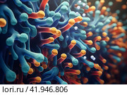 Close-up of multi-colored 3D bacteria under a color scanning electron micrograph. Стоковое AI-изображение, AI-художник Виталий Сова / Фотобанк Лори
