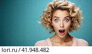 A blonde girl with a surprised look and an open mouth looks at the camera. The concept of strong surprise. Generated by AI. Стоковое AI-изображение, AI-художник Ярославский Максим / Фотобанк Лори