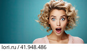 A blonde girl with a surprised look and an open mouth looks at the camera. The concept of strong surprise. Generated by AI. Стоковое AI-изображение, AI-художник Ярославский Максим / Фотобанк Лори