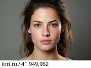 Portrait of a young woman with natural makeup and natural styling. Advertising natural cosmetics. Advertising for a beauty salon. Care cosmetics, face and body skin care. Стоковое AI-изображение, AI-художник Ирина Михайличенко / Фотобанк Лори