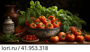Juicy tomatoes nestled among lush green basil leaves.Generative AI. Стоковое AI-изображение, AI-художник Анна Кривицкая / Фотобанк Лори