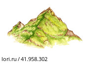 Watercolor illustration of green alpine landscape. Natural Rocky Mountain Range element isolated on white. Background element for the design of gardens, landscapes, parks, forests. Стоковая иллюстрация, иллюстратор Андрей Золотарев / Фотобанк Лори