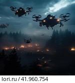 Swarm of FPV drones in combat attack. Стоковое AI-изображение, AI-художник Кирилл Черезов / Фотобанк Лори