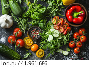Ingredients for making a healthy salad of vegetables and herbs, clean healthy food for detoxification. Стоковое фото, фотограф Виктория Тельминова / Фотобанк Лори