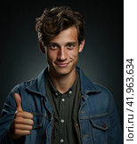 Portrait of a confident young man giving a thumbs up on a dark background. The concept of luck. Generated by AI. Стоковое AI-изображение, AI-художник Ярославский Максим / Фотобанк Лори