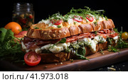 Huge tasty sandwich with ham or balyk,Generative AI. Стоковое AI-изображение, AI-художник Анна Кривицкая / Фотобанк Лори