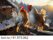 Roosters  in the village in winter,Generative AI. Стоковое AI-изображение, AI-художник Анна Кривицкая / Фотобанк Лори