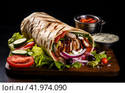 Gyro fresh roll with shawerma  with grilled chicken, lettuce salad, bacon, tomato, sauces, cheese and vegetables,  close up. Стоковое AI-изображение, AI-художник Виталий Сова / Фотобанк Лори